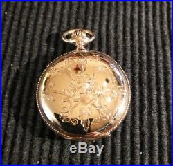 Elgin 0s. Great fancy dial 7 jewels gold filled Hunter case restored