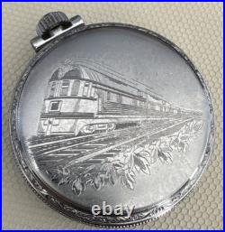 Elgin 16s, Model 3, 11 Jewels Pocket Watch Train Engraved Case NOT WORKING