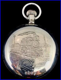 Elgin 18s 23J M214 Veritas 117 Year Old Train Engraved Pocket Watch Extra Fine