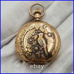 Elgin Antique Gold Filled Hunting Case Pocket Watch with Bird Accent 36mm