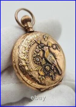 Elgin Antique Gold Filled Hunting Case Pocket Watch with Bird Accent 36mm