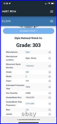 Elgin Grade 303 Pocket Watch, 7j, 12s, B&B Royal Case WORKS 17057921