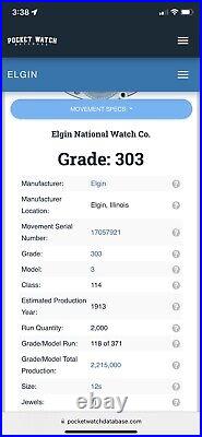 Elgin Grade 303 Pocket Watch, 7j, 12s, B&B Royal Case WORKS 17057921