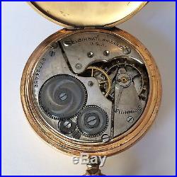 Elgin Pocket Watch Art Nouveau Fob 25 Year J Boss 14k Gold Filled + Leather Case