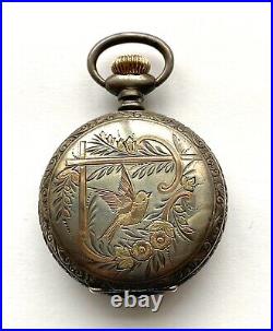 Elgin Pocketwatch Fahys No 1 Coin Silver Case Gilt Bird Ladies Watch