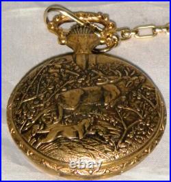 Elgin Raised Hunting Scene Case Pocket Watch Mechanical 17 Jewels Swiss