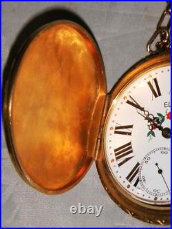 Elgin Raised Hunting Scene Case Pocket Watch Mechanical 17 Jewels Swiss
