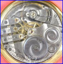 Elgin pocket watch 16s 3finger brdg runs great + display case made 1917 d906