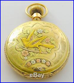 Elgin pocket watch, 18S, in 14K multi-colored gold hunter case withbird rf51434