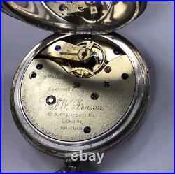 English Pocket Watch J W Benson London Swiss Made 935 Silver Hunter Case Works