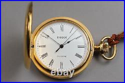 Exc+5 TISSOT Pocket Watch White Dial Gold Case Swiss Made Qz From JAPAN Y334