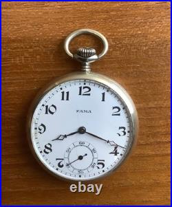 Fama Swiss 15j Swiss Pocket Watch Open Face Arabic Numerals 48mm Dia