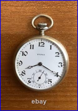 Fama Swiss 15j Swiss Pocket Watch Open Face Arabic Numerals 48mm Dia