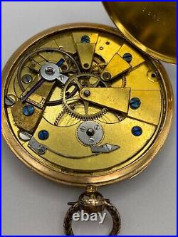 French Solid 18k Gold Pocket Watch with Enamel Decorated Case