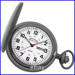 Gotham Men's Gunmetal Stainless Steel Analog Quartz Day/Date Hunter Pocket Watch