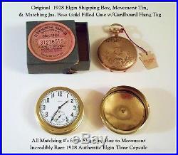 IMPOSSIBLE FIND! NOS 1928 Elgin Pocket Watch, Ship Box, Case, Tag, Movement Tin