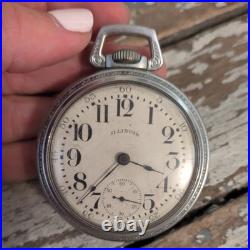 Illinois Men's Open Face Pocket Watch Silver Case White Dial Train Caseback