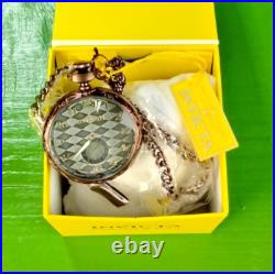 Invicta Quartz Vintage Pocket Watch 34570 Brown SS Case Chain Metal Dial WR30M