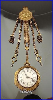 Jos Henlett London 18k Gold Pair Cased Gilt Fusee Pocket Watch & Chateliane 1749