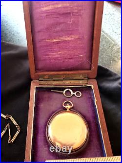 Jules Perrenoud Swiss Gold Pocket Watch Pendant withChain&Case 1874 Antique WORKS