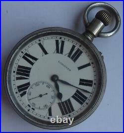 Longines Big Pocket Watch open face nickel chromiun case 58 mm. In diameter