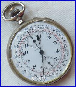 Longines Chronograph Pocket Watch Open Face Silver Case 52 mm. In diameter
