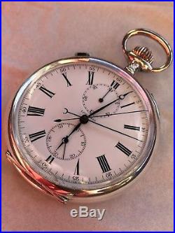 Longines Rattrapante Chronograph Pocket watch open face silver case enamel dial