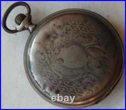 Longines pocket watch silver carved hunter case enamel dial 50 mm. In diameter