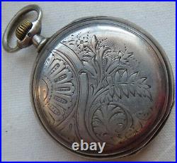 Longines pocket watch silver carved hunter case enamel dial 52 mm. In diameter