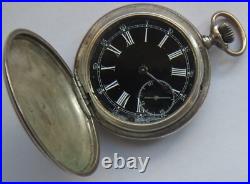 Longines pocket watch silver hunter carved case black enamel dial balance Ok
