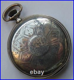Longines pocket watch silver hunter carved case black enamel dial balance Ok