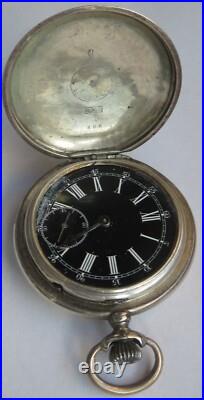 Longines pocket watch silver hunter carved case black enamel dial balance Ok