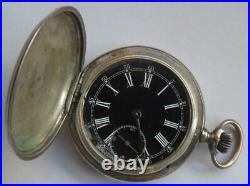 Longines pocket watch silver hunter carved case black enamel dial balance Ok