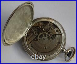 Longines pocket watch silver hunter carved case black enamel dial balance Ok