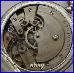 Longines pocket watch silver hunter carved case black enamel dial balance Ok