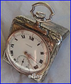 Longines rare pocket watch open face silver carved case 47,5 mm. Aside