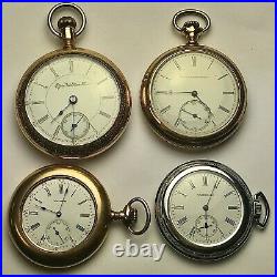 Lot 4 American Pocket Watches, 3 in Gold-Filled Cases, Elgin & Waltham, Running