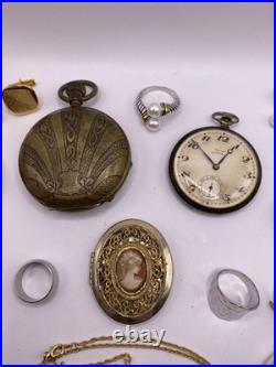 Lot Antique. 800 Silver Pocket Watch & Big Double Hunter Case Gold & Jewelry
