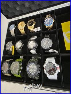 Lot Of 12 Brand New Watches In 18 Slot Hard Case Watch Collection + Pocket Watch