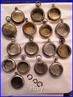 Lot of 16 18 Size Pocket watch cases, Silveroid, Silverine, Nickel, From Estate