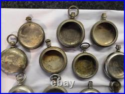 Lot of 16 18 Size Pocket watch cases, Silveroid, Silverine, Nickel, From Estate