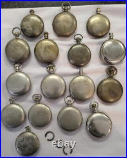 Lot of 16 18 Size Pocket watch cases, Silveroid, Silverine, Nickel, From Estate