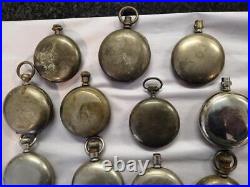 Lot of 16 18 Size Pocket watch cases, Silveroid, Silverine, Nickel, From Estate