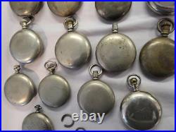 Lot of 16 18 Size Pocket watch cases, Silveroid, Silverine, Nickel, From Estate