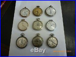 Lot of 9 Elgin Art Deco Pocket Watches Some Gold Filled Cases Nice