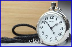 MINT in Wooden Box SEIKO 7C21-0AA0 Railway Pocket Watch Silver From JAPAN
