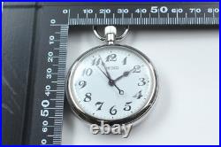 MINT in Wooden Box SEIKO 7C21-0AA0 Railway Pocket Watch Silver From JAPAN