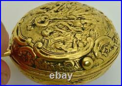 MUSEUM Verge Fusee Calendar gold plated silver REPOUSSE pair case watch. J. Grant