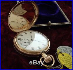 Mens Solid Gold 16s Elgin Hunter Case Pocket Watch withTags, In Box SERVICED
