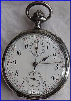 Minerva Chronograph Pocket watch open face silver case 52,5 mm in diameter